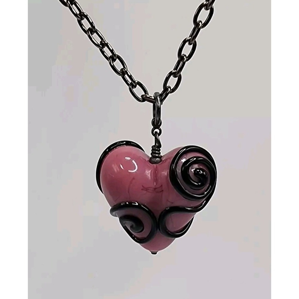 Pink Artisan Glass Heart Swirl Pendant Padlock Key Valentines Day Vintage Goth - Picture 5 of 16